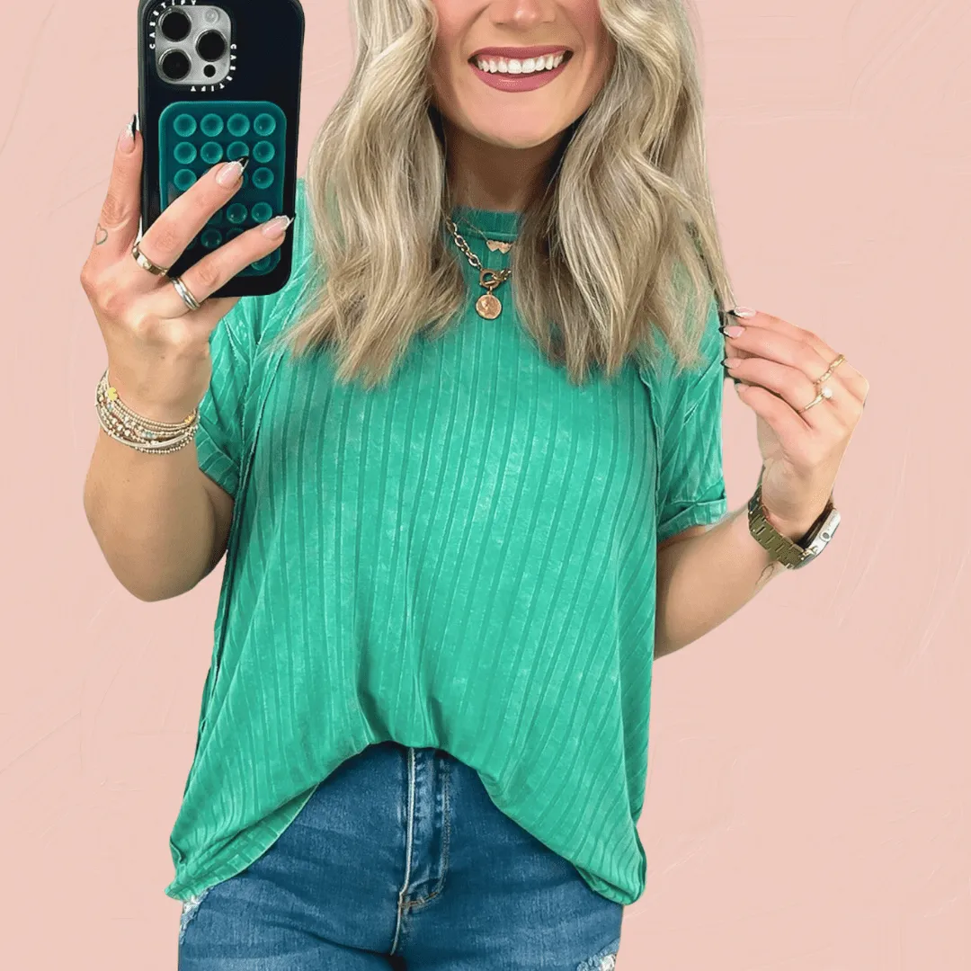 Ribbed Raglan Dolman Sleeve Boat-Neck Top