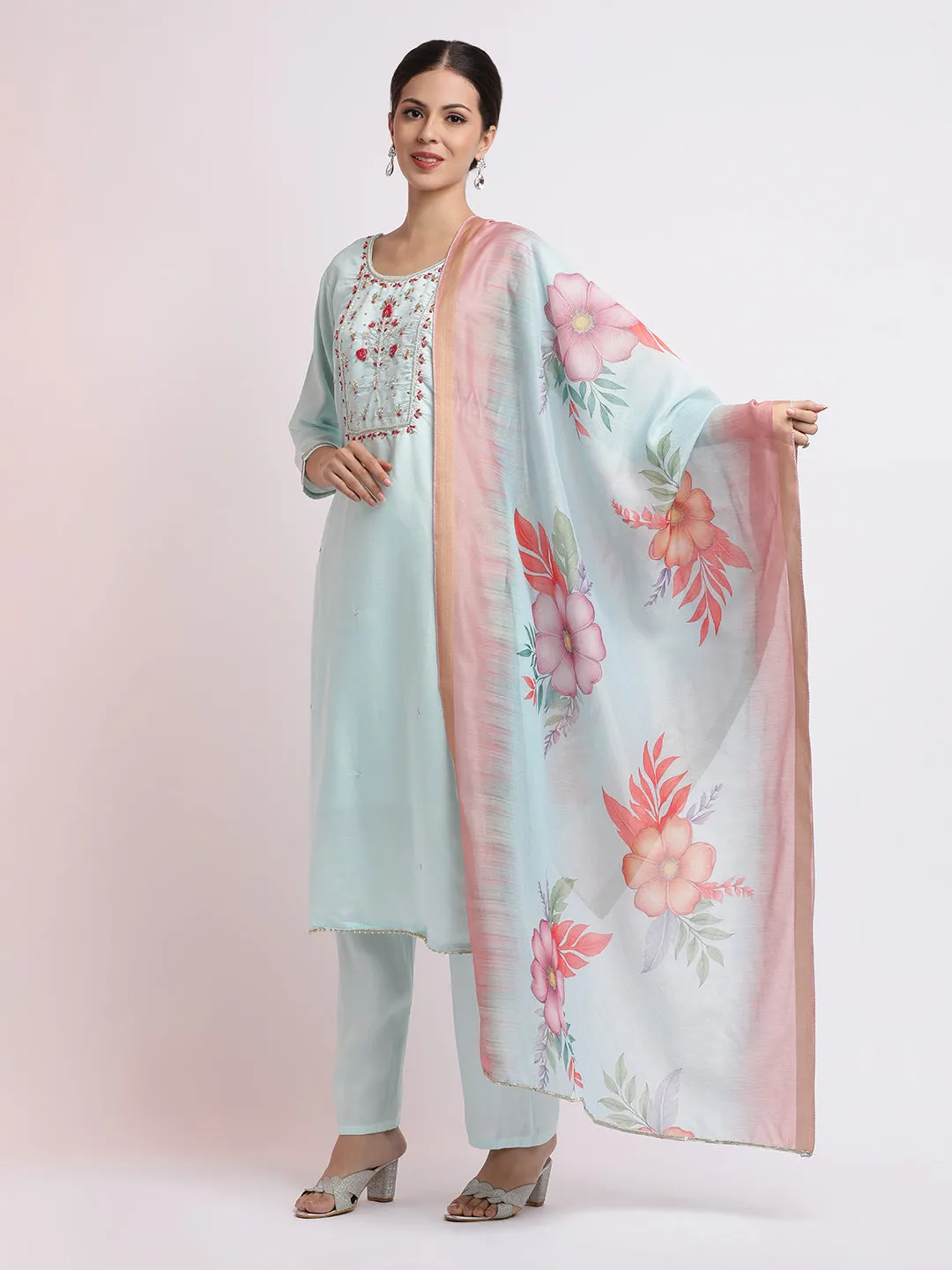 Sea Green Embroidered Cotton Blend Kurta Set With Dupatta