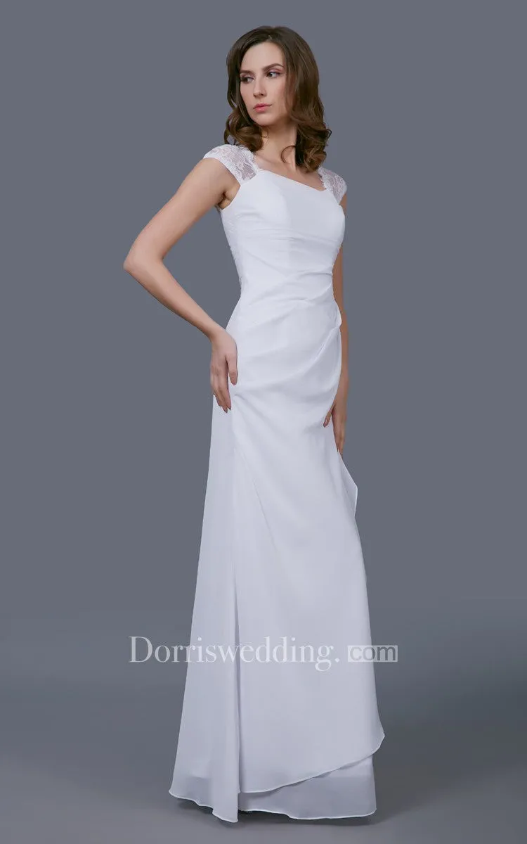 Simple Chiffon Wedding Gown With Lace Cap Sleeves-701209