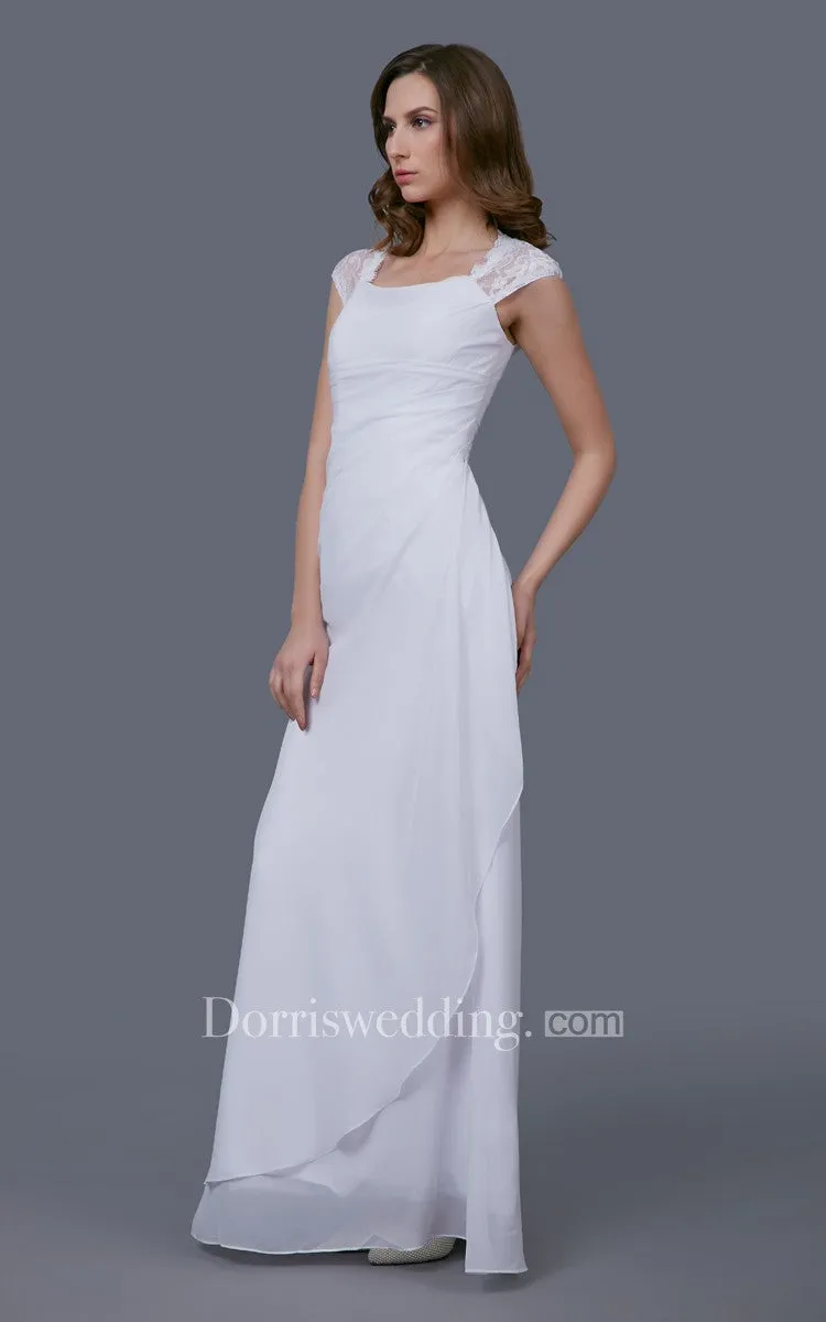 Simple Chiffon Wedding Gown With Lace Cap Sleeves-701209