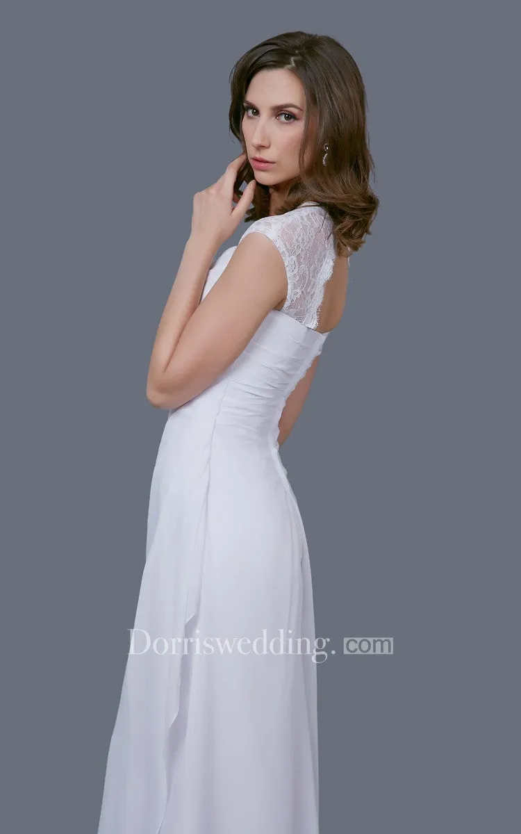 Simple Chiffon Wedding Gown With Lace Cap Sleeves-701209