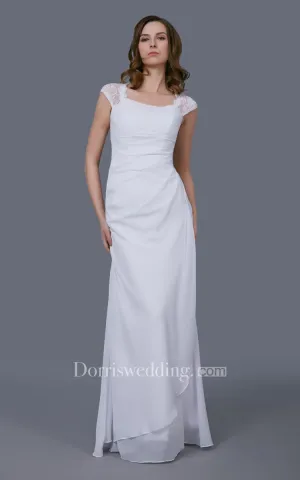 Simple Chiffon Wedding Gown With Lace Cap Sleeves-701209