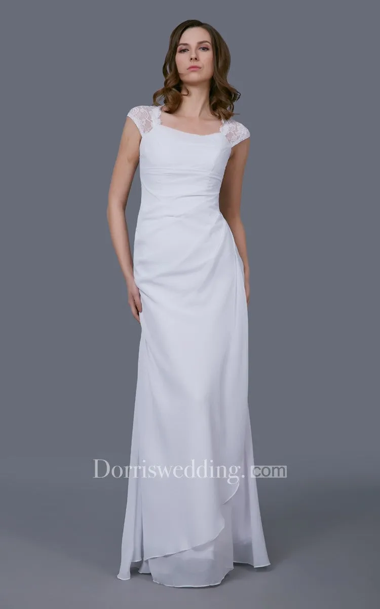 Simple Chiffon Wedding Gown With Lace Cap Sleeves-701209