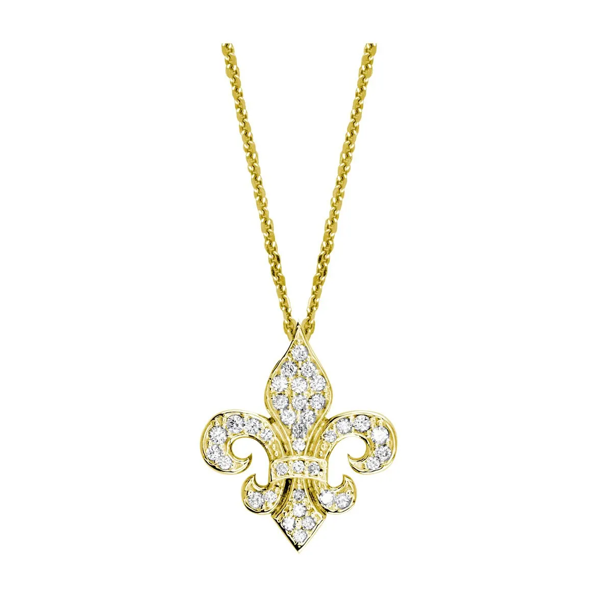 Small Diamond Fleur De Lis Pendant and Chain in 14K Yellow Gold