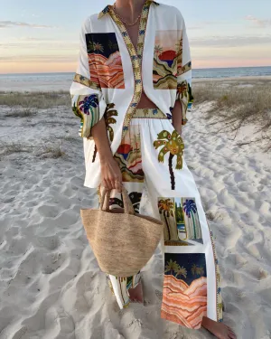 Tropical Print Two-Piece Set | Oversized Shirt & Wide-Leg Pants | Resort Chic