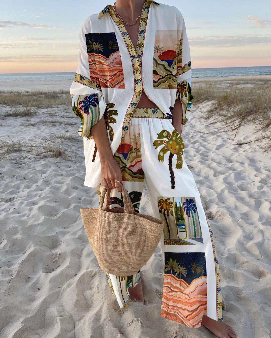 Tropical Print Two-Piece Set | Oversized Shirt & Wide-Leg Pants | Resort Chic