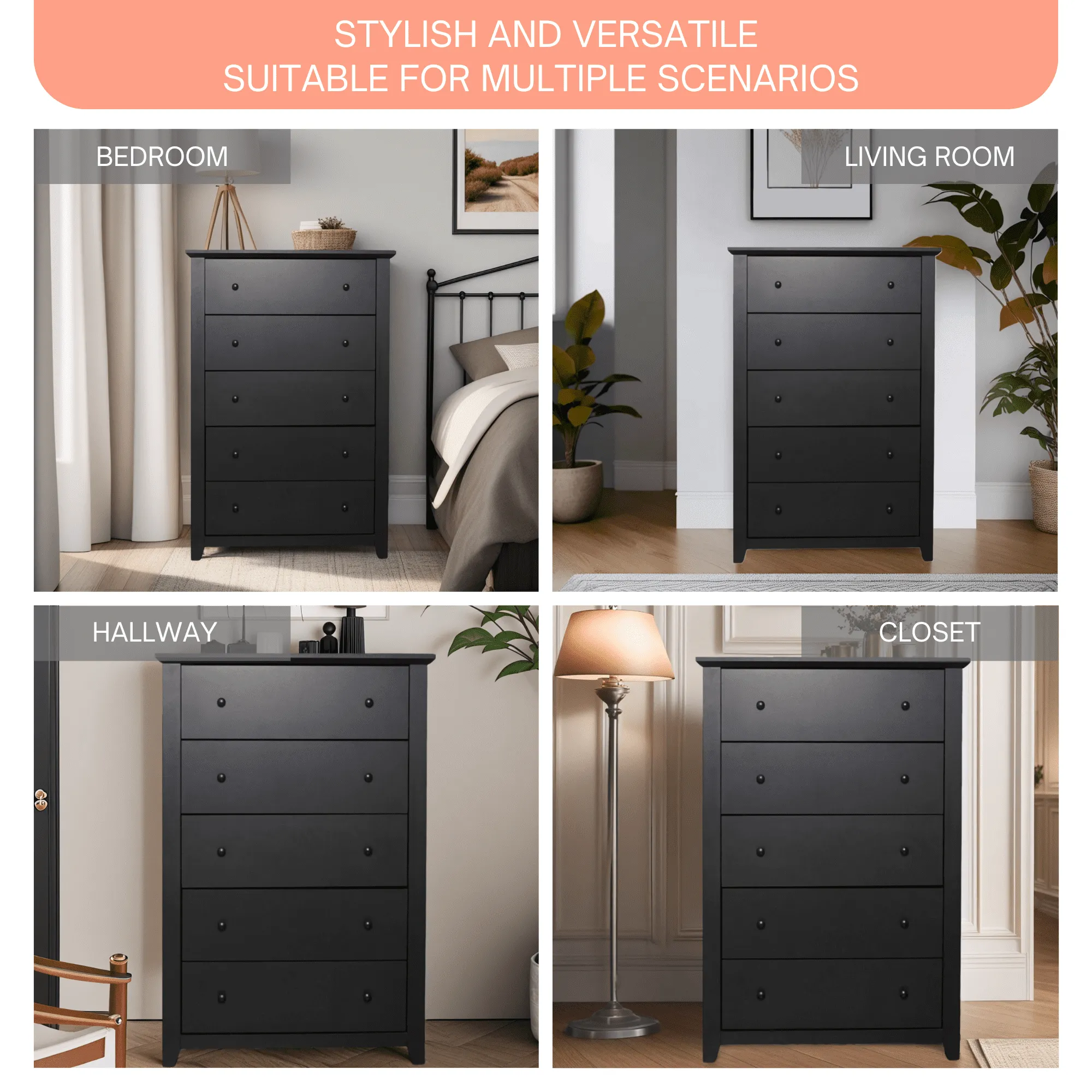 TrumanPick Black Dresser for Bedroom with 5 Drawers 47" Tall Chest of Drawers Wooden Dressers for Closet Living Room - open_box