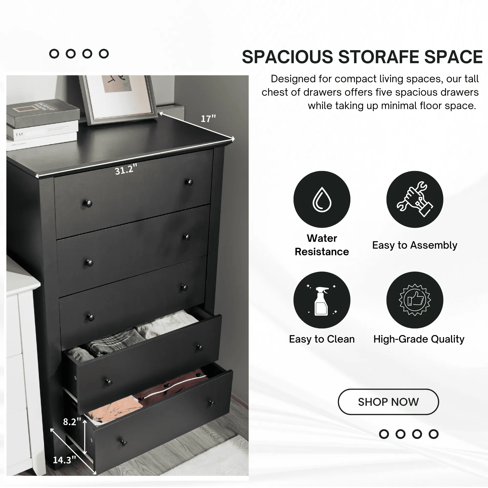 TrumanPick Black Dresser for Bedroom with 5 Drawers 47" Tall Chest of Drawers Wooden Dressers for Closet Living Room - open_box