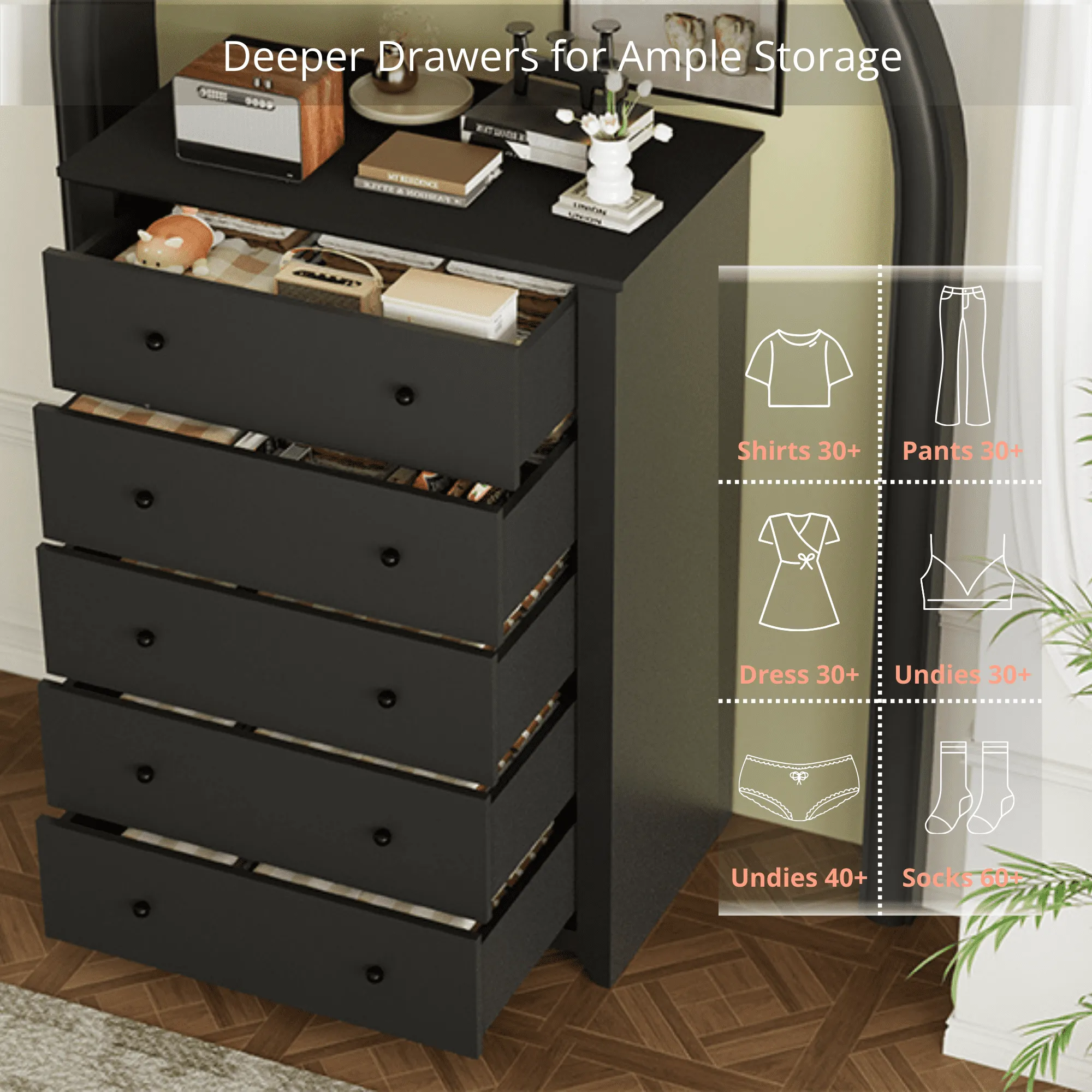 TrumanPick Black Dresser for Bedroom with 5 Drawers 47" Tall Chest of Drawers Wooden Dressers for Closet Living Room - open_box