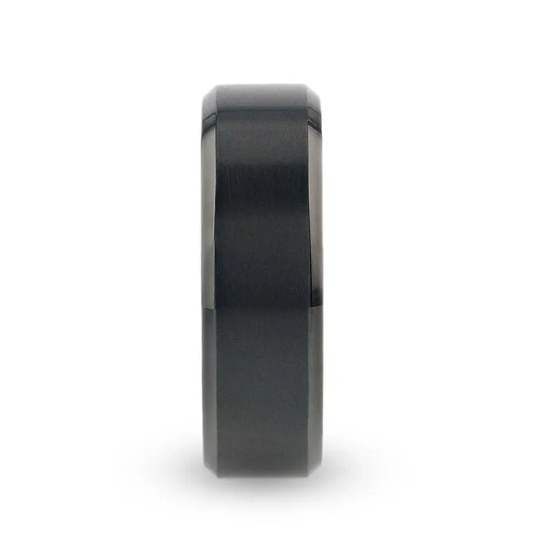 TUCSON Flat Black Titanium Men's Wedding Ring Yellow Gold Inlaid Inside - 8mm
