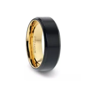 TUCSON Flat Black Titanium Men's Wedding Ring Yellow Gold Inlaid Inside - 8mm