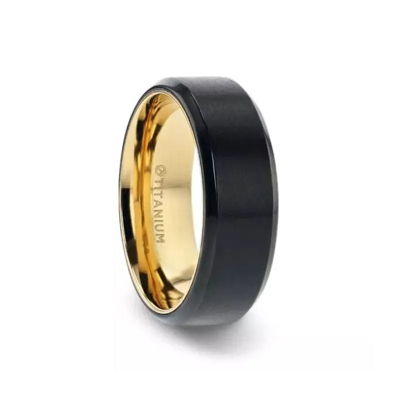 TUCSON Flat Black Titanium Men's Wedding Ring Yellow Gold Inlaid Inside - 8mm