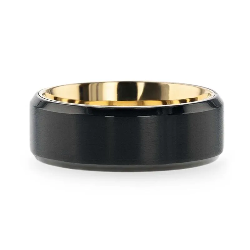 TUCSON Flat Black Titanium Men's Wedding Ring Yellow Gold Inlaid Inside - 8mm