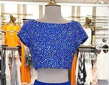 Two Piece Long Royal Blue Mermaid Prom Dress With Beading TP0036