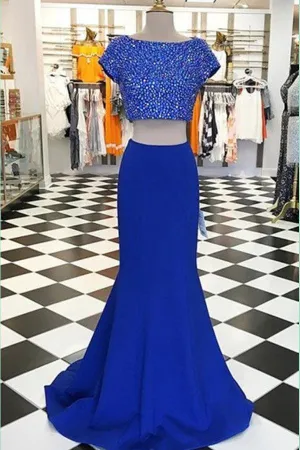 Two Piece Long Royal Blue Mermaid Prom Dress With Beading TP0036