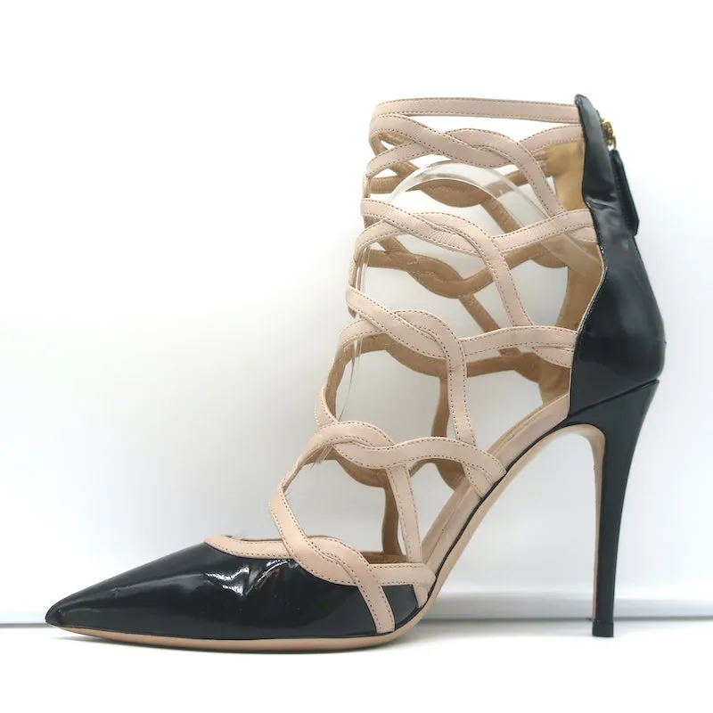 Valentino Cage Ankle Boots Black Patent & Powder Leather Size 39.5