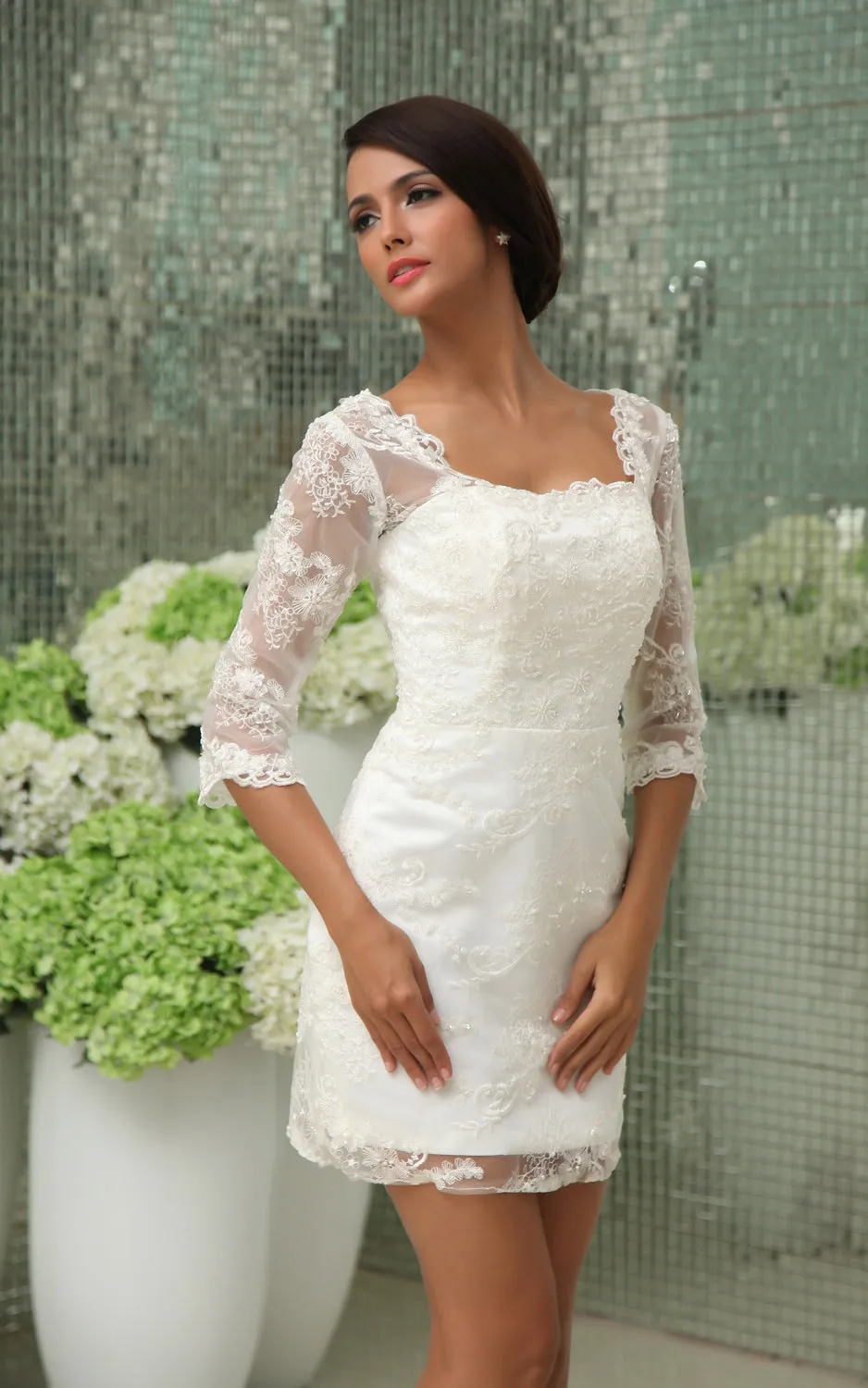 Vintage Half-Sleeve Short Dress With Lace Overlay-GC_705000