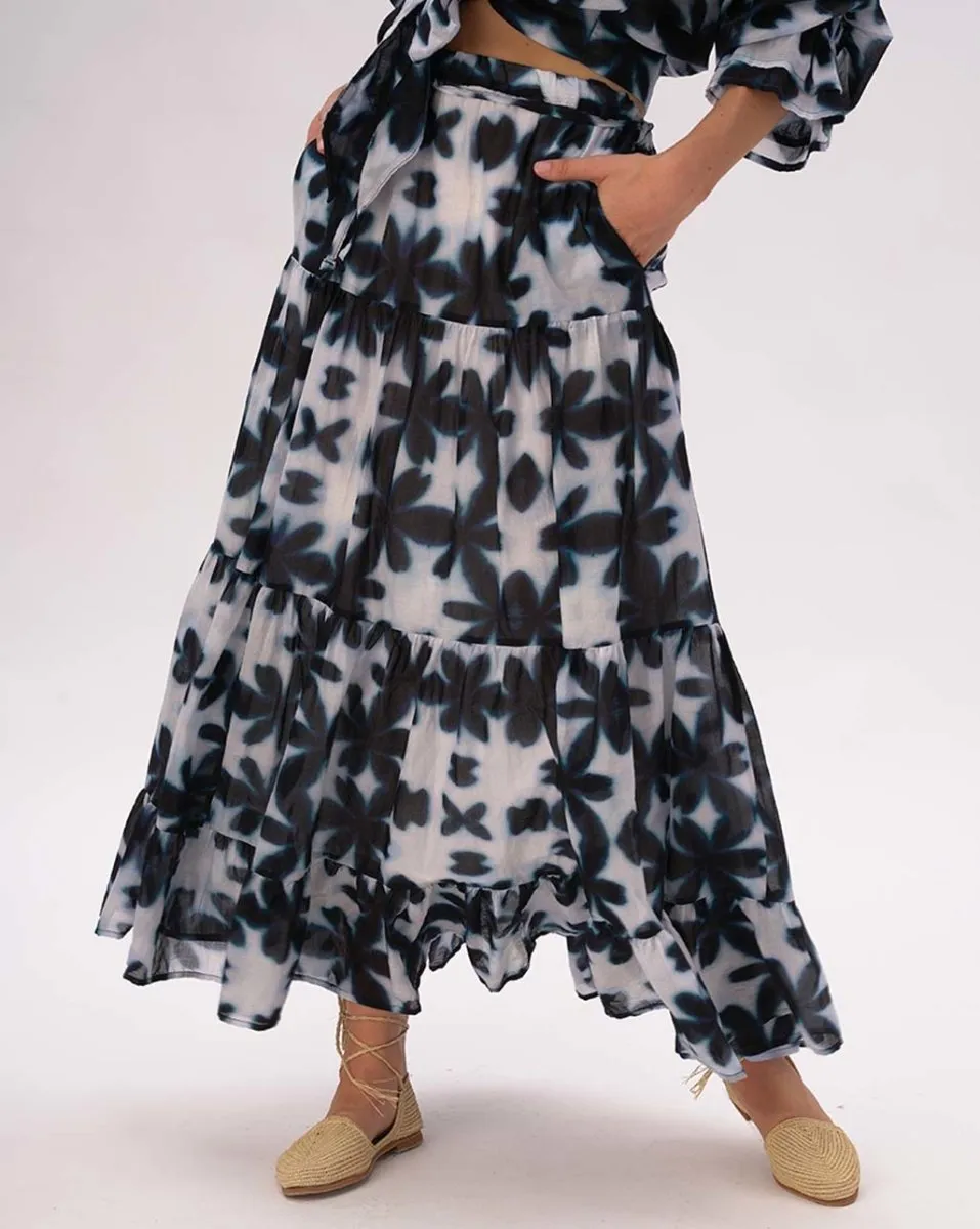 Watercolor Big Floral Pleated Tiered Cotton Skirt