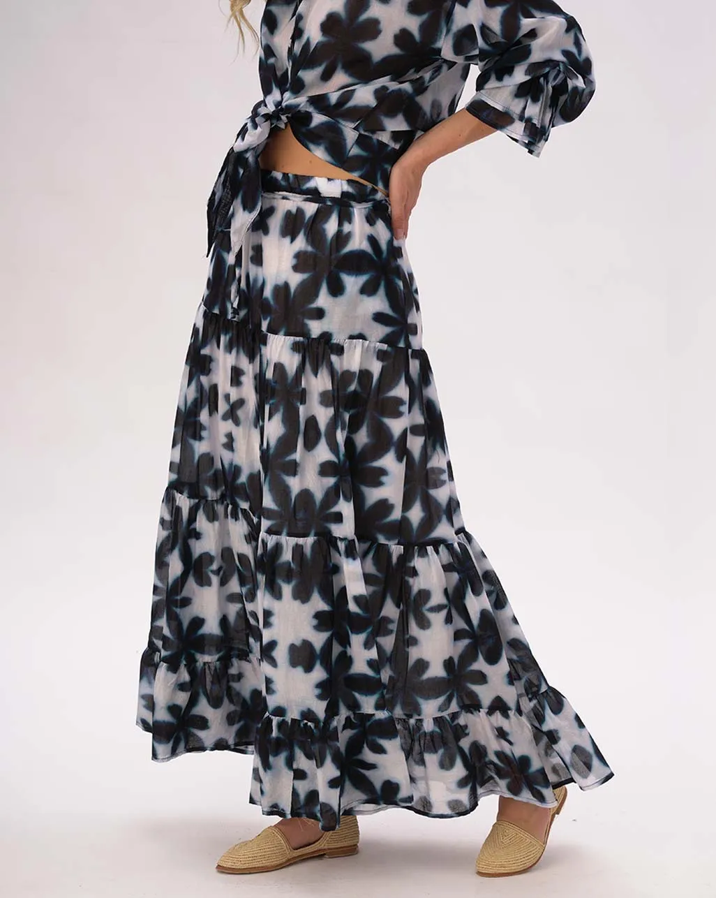 Watercolor Big Floral Pleated Tiered Cotton Skirt