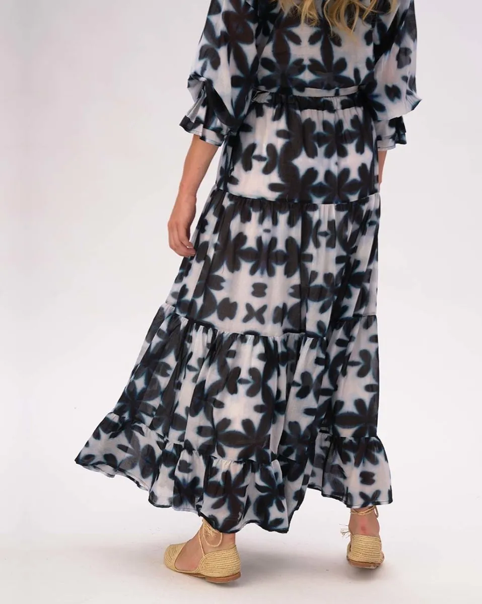 Watercolor Big Floral Pleated Tiered Cotton Skirt