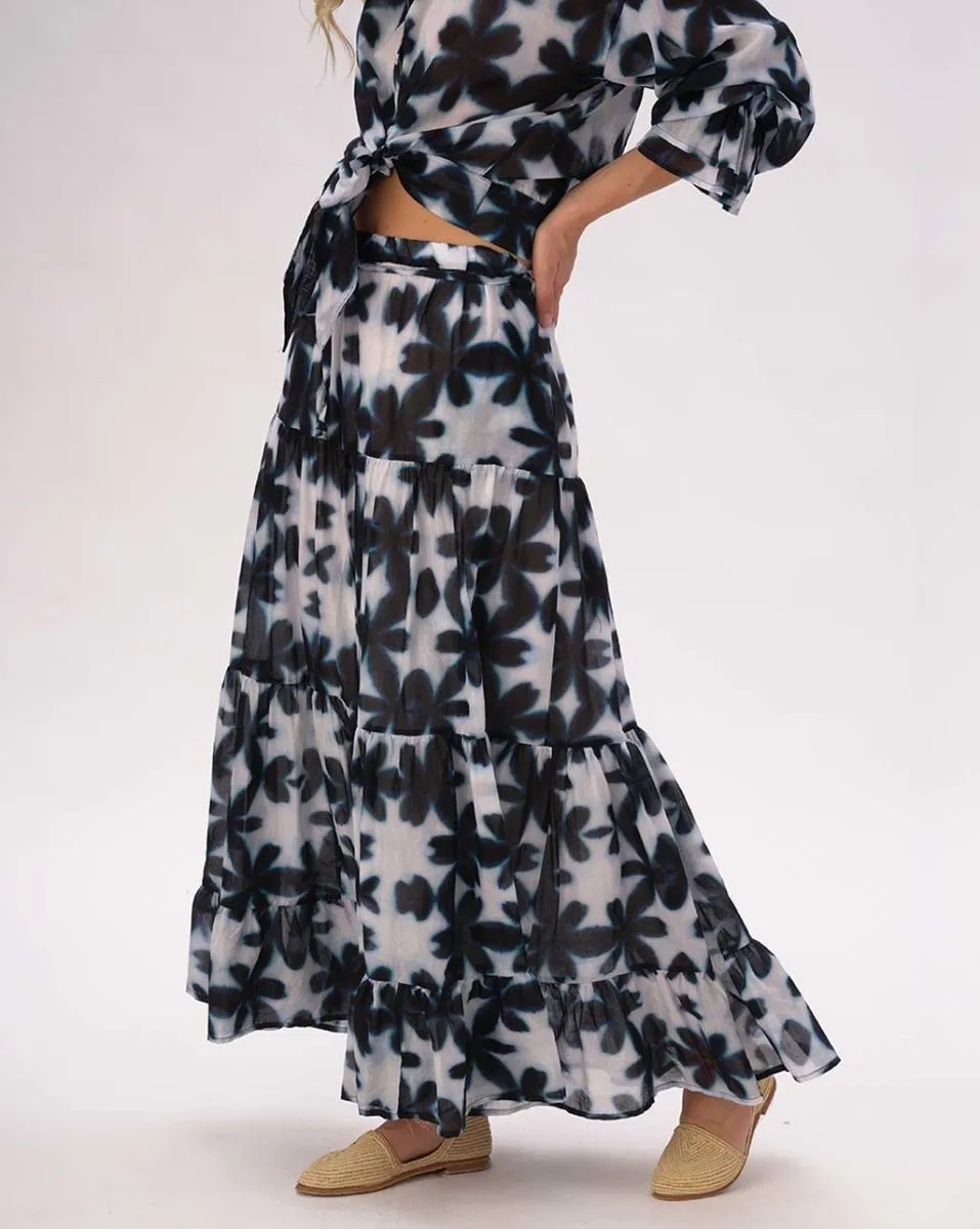 Watercolor Big Floral Pleated Tiered Cotton Skirt
