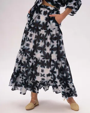 Watercolor Big Floral Pleated Tiered Cotton Skirt