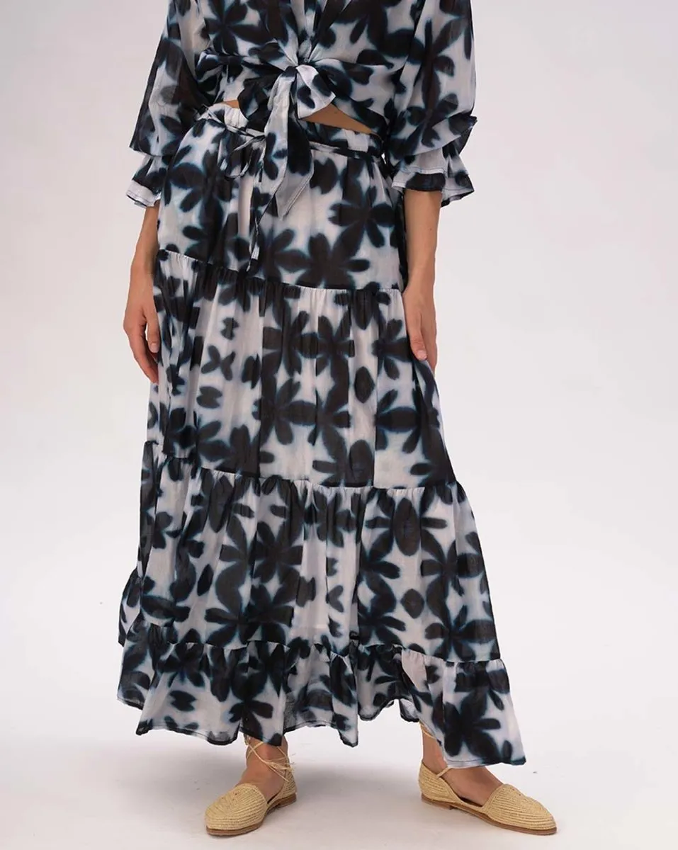 Watercolor Big Floral Pleated Tiered Cotton Skirt