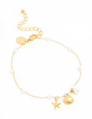 Waterproof Gold Plated Stainless Steel Pearl Star & Shell Charm Anklet