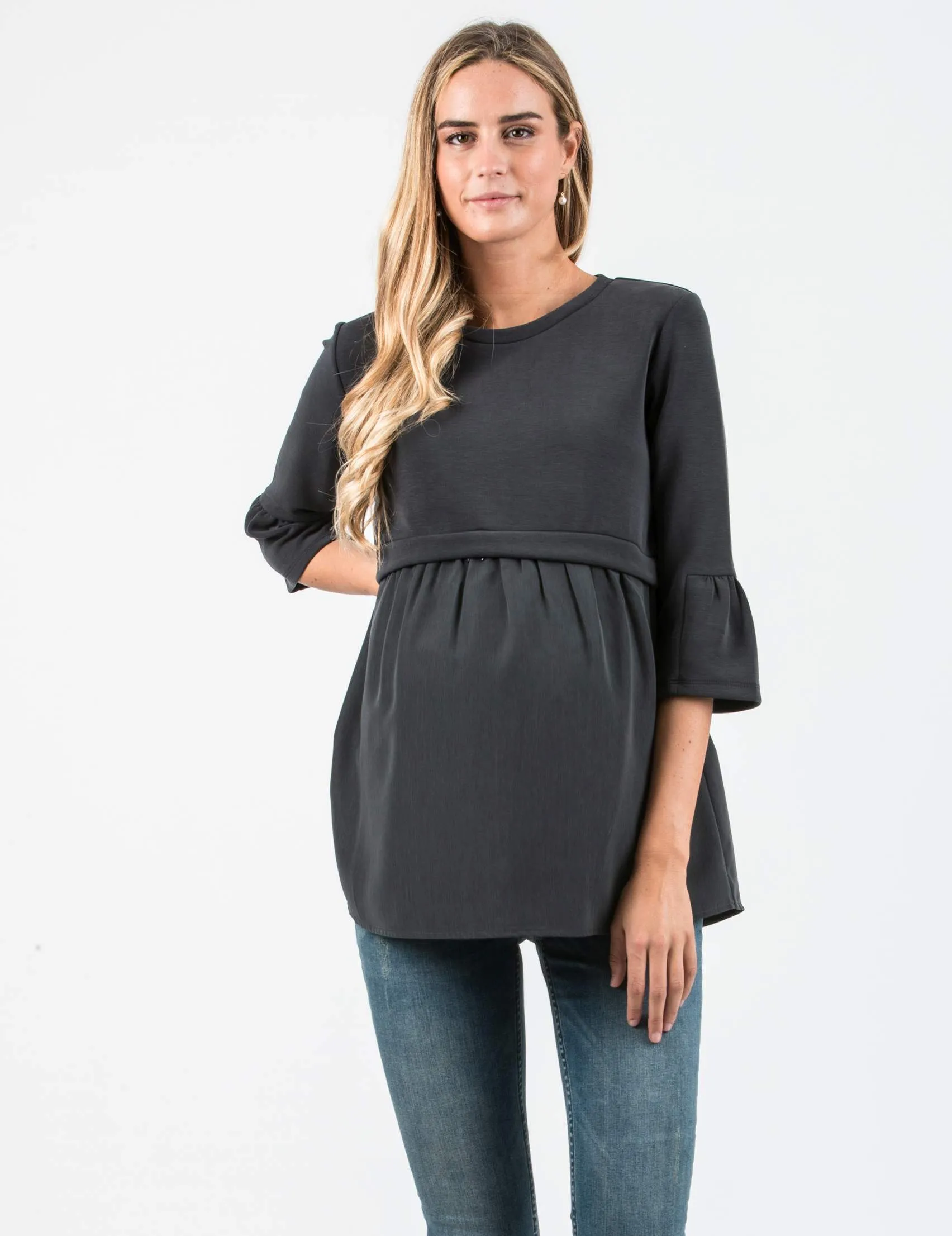 Women's black satin maternity & nursing bell sleeve top