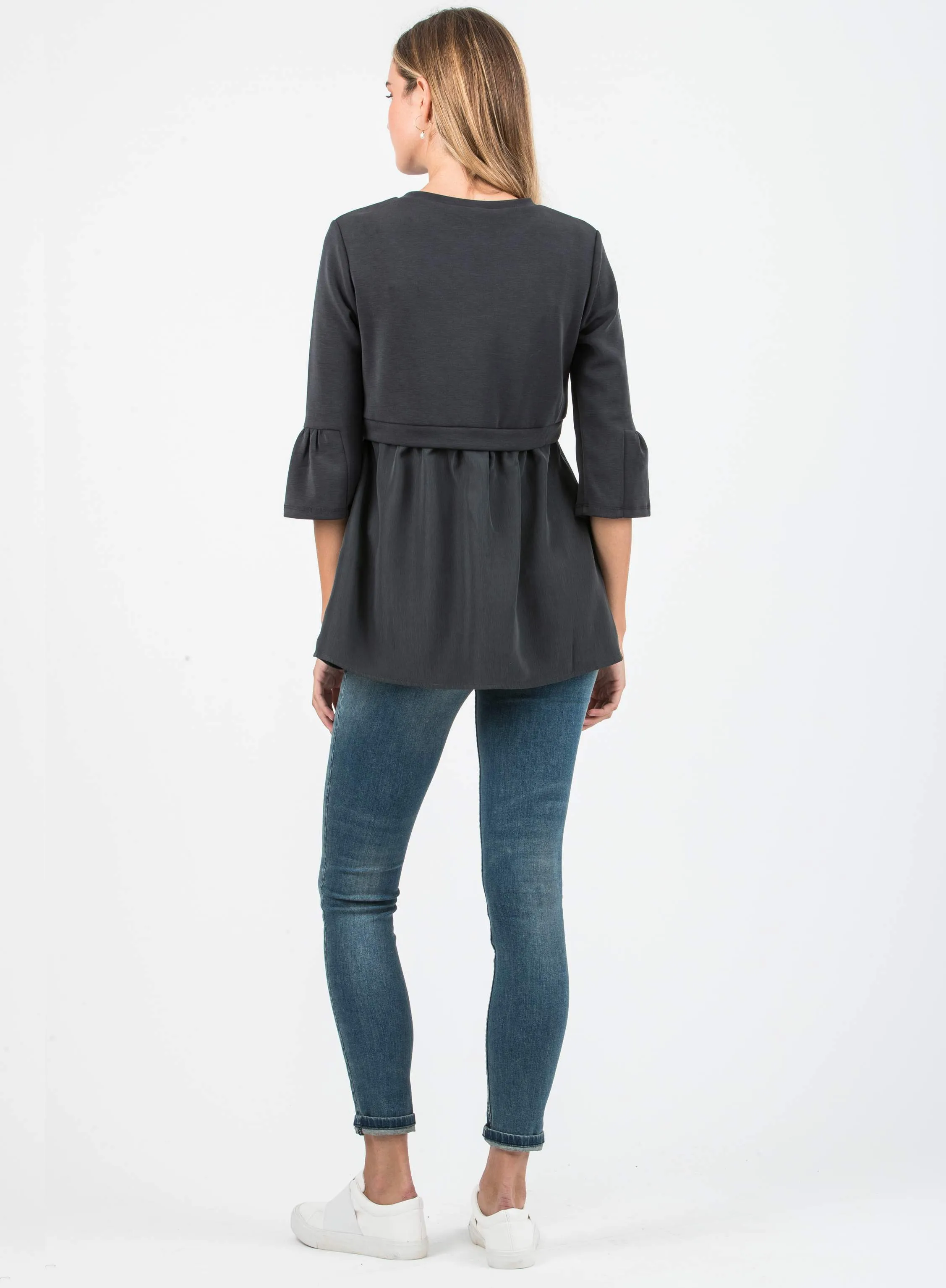 Women's black satin maternity & nursing bell sleeve top
