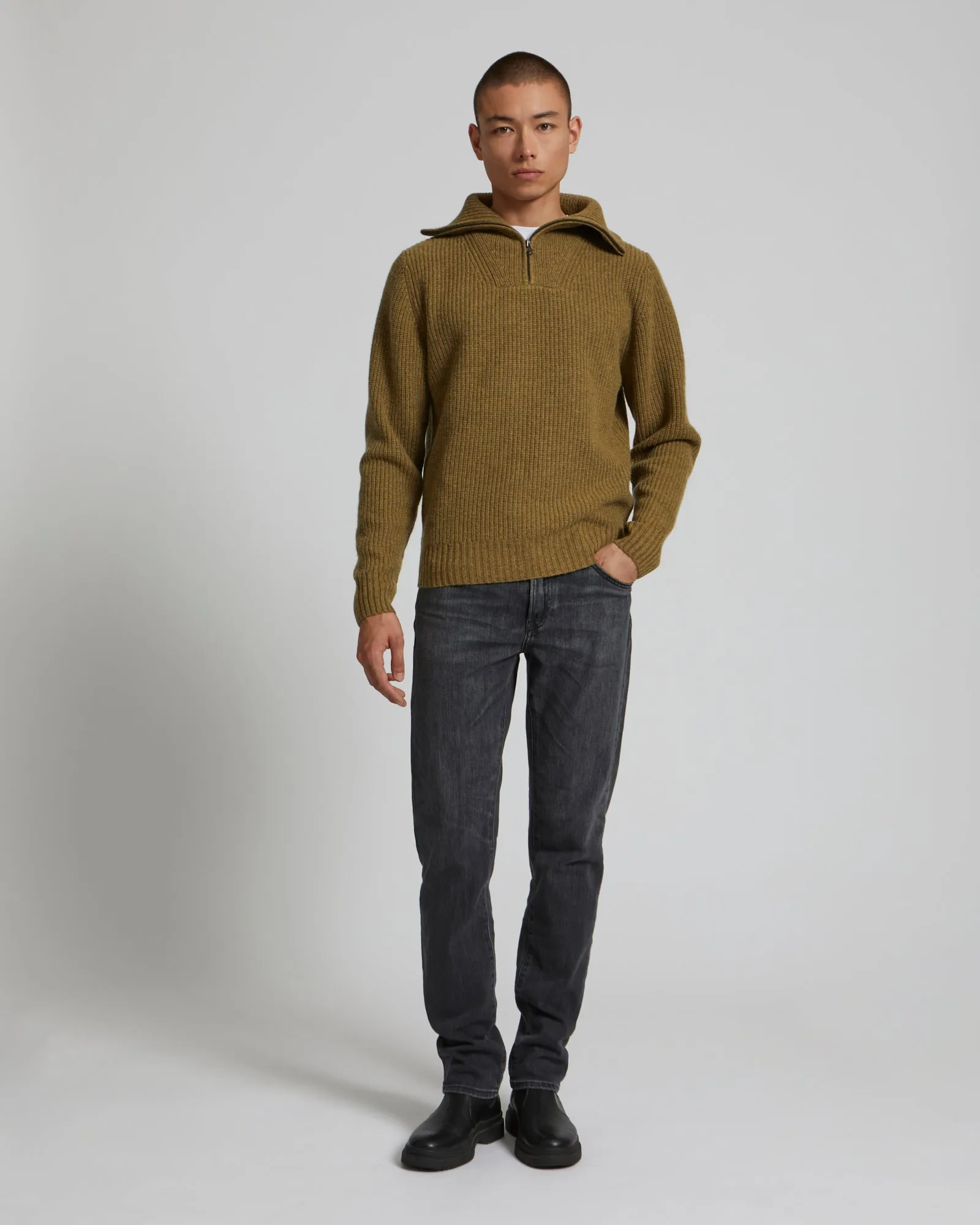 Zip-front sweater trucker collar